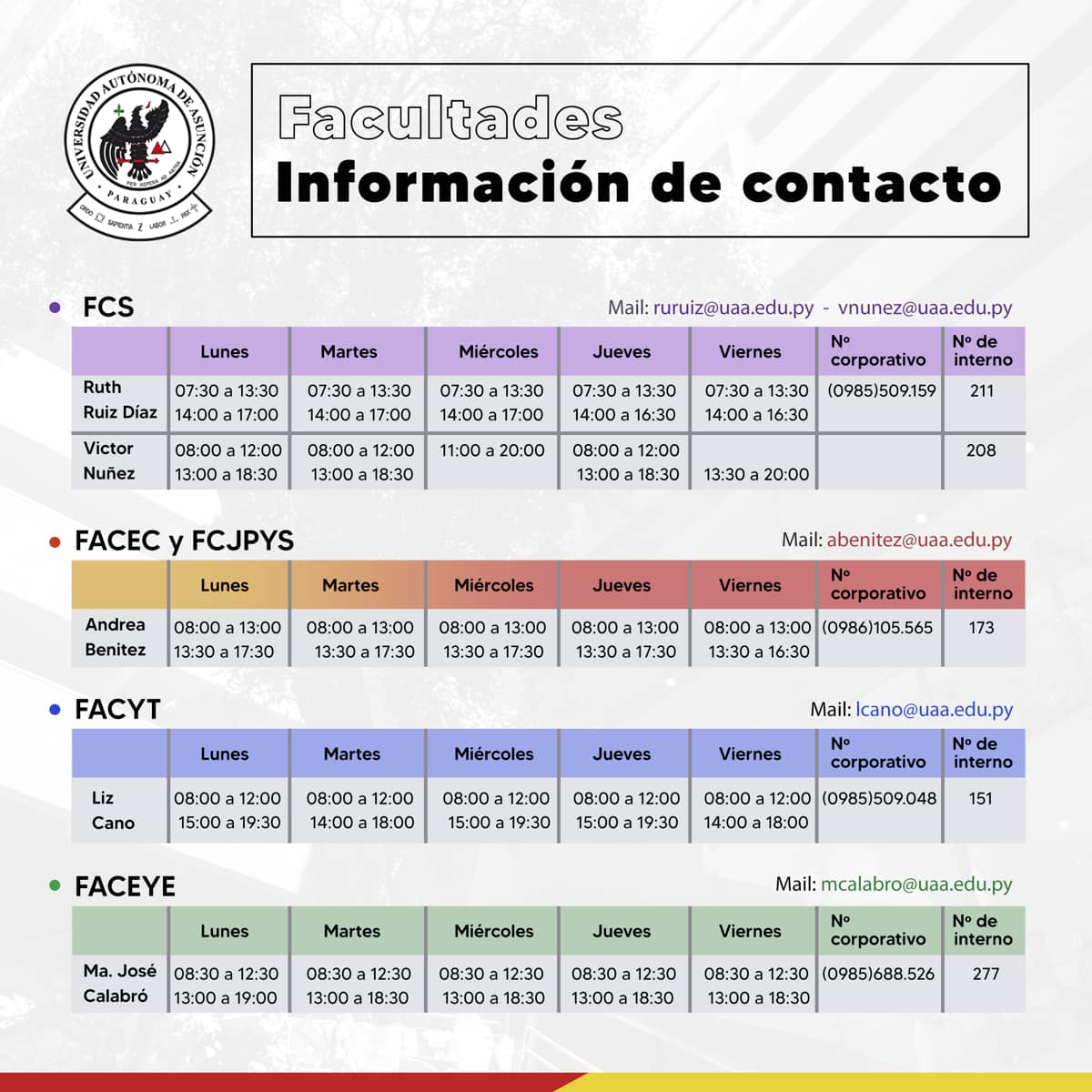 Horario Gerentes de Facultad