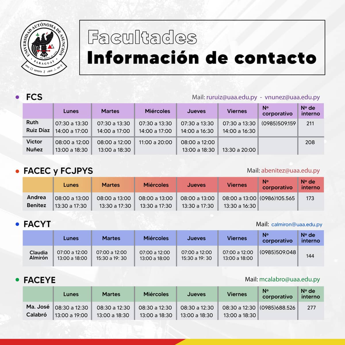 Horario Gerentes de Facultad