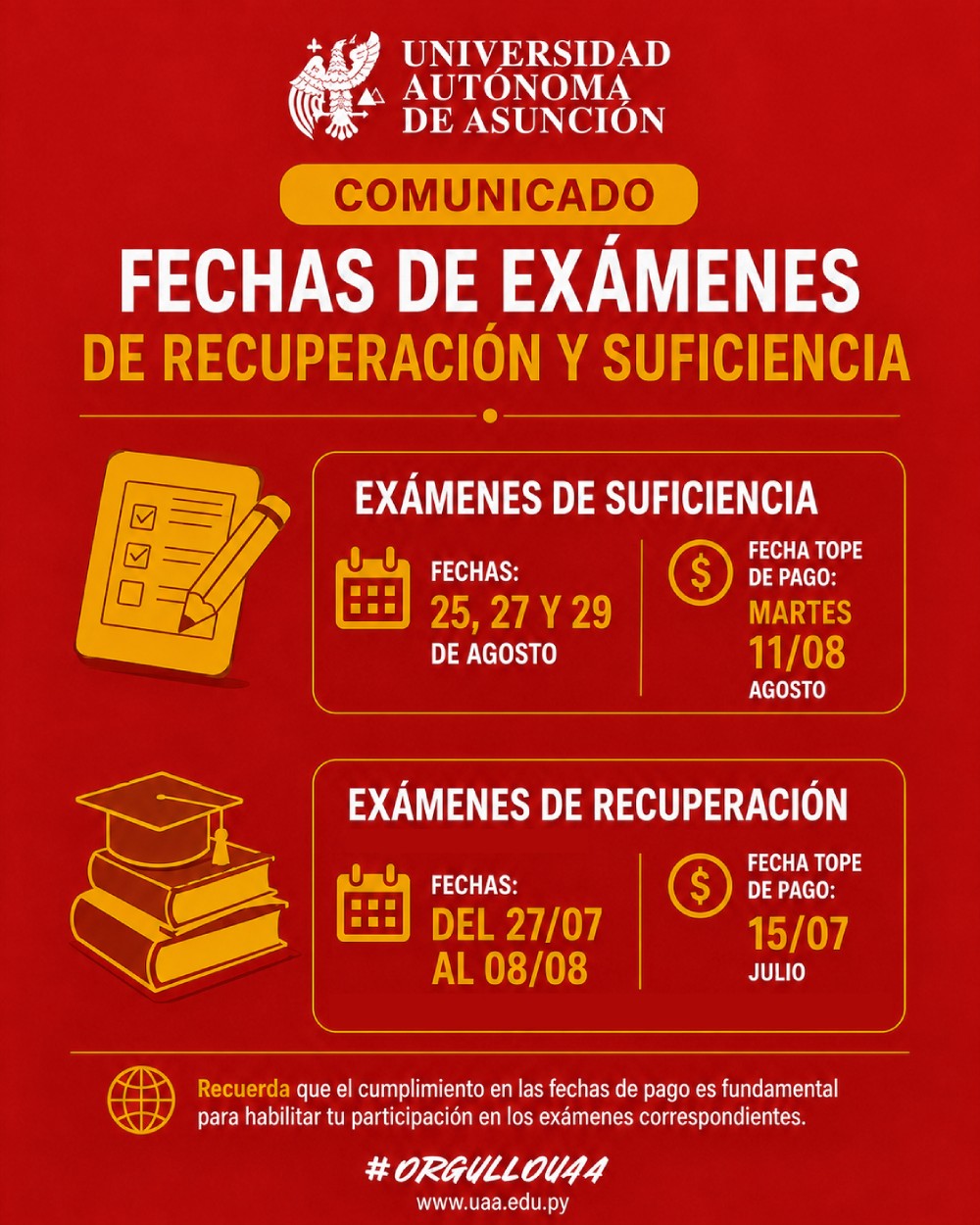 Fechas de ex&aacute;menes de recuperaci&oacute;n y suficiencia UAA